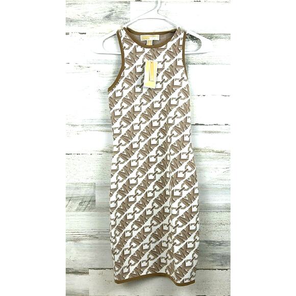 Michael Kors Women’s XXS Tan Empire Logo Jacquard Tank Stretch Mini Dress NEW - Picture 1 of 6